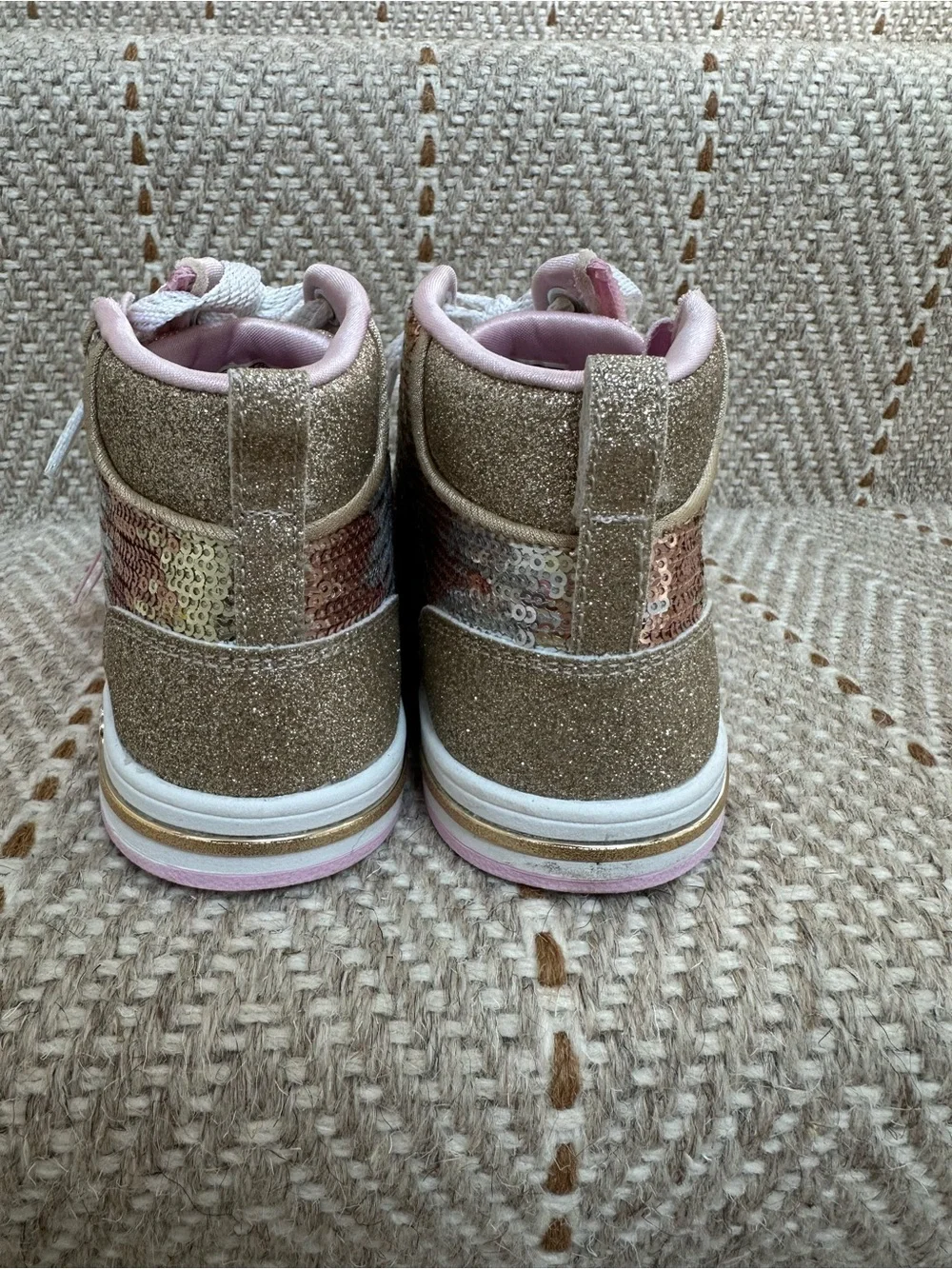 Skechers Girls Gold Sequin High-Top Sneakers with Pink Accents